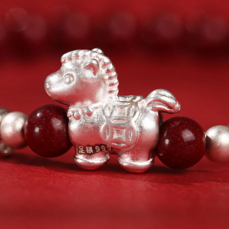 Buddha Stones Year Of The Horse Red Agate 999 Sterling Silver Cinnabar Calm Bracelet