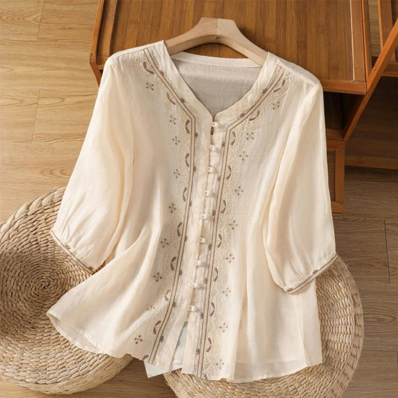 Buddha Stones Casual Embroidery Frog-Button Polyester Half Sleeve Women's V-neck Shirt