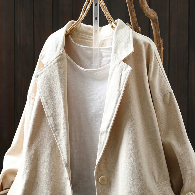 Buddha Stones Spring Fall Buttons Lapel Collar Long Sleeve Mid-length Cotton Women's Jacket With Pockets