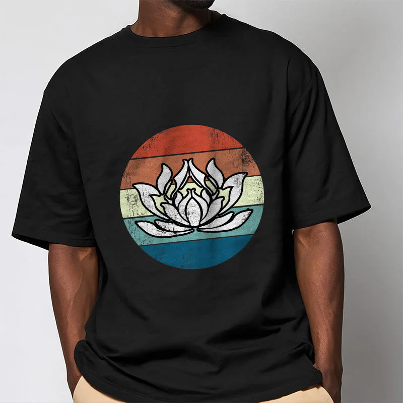 Buddha Stones Blooming Lotus Colorful Striped Pattern Cotton Tee T-shirt