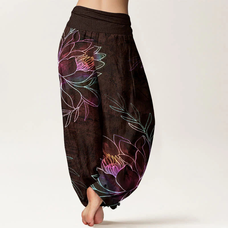 Buddha Stones Cotton Neon Lotus Branches Pattern Women's Elastic Waist Harem Pants