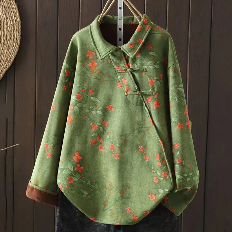 Buddha Stones Winter Flower Green Leaves Frog-Button Stand Collar Long Sleeve Women's Cotton Shirt