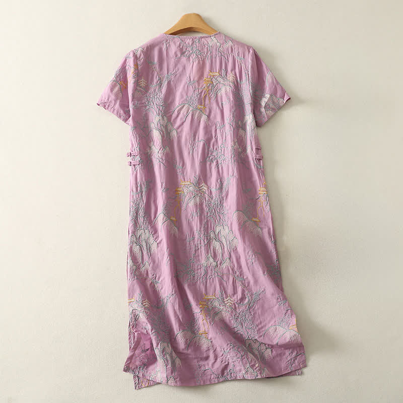 Buddha Stones Summer V-Neck Floral Design Short Sleeve Cotton Midi Dress With Pockets