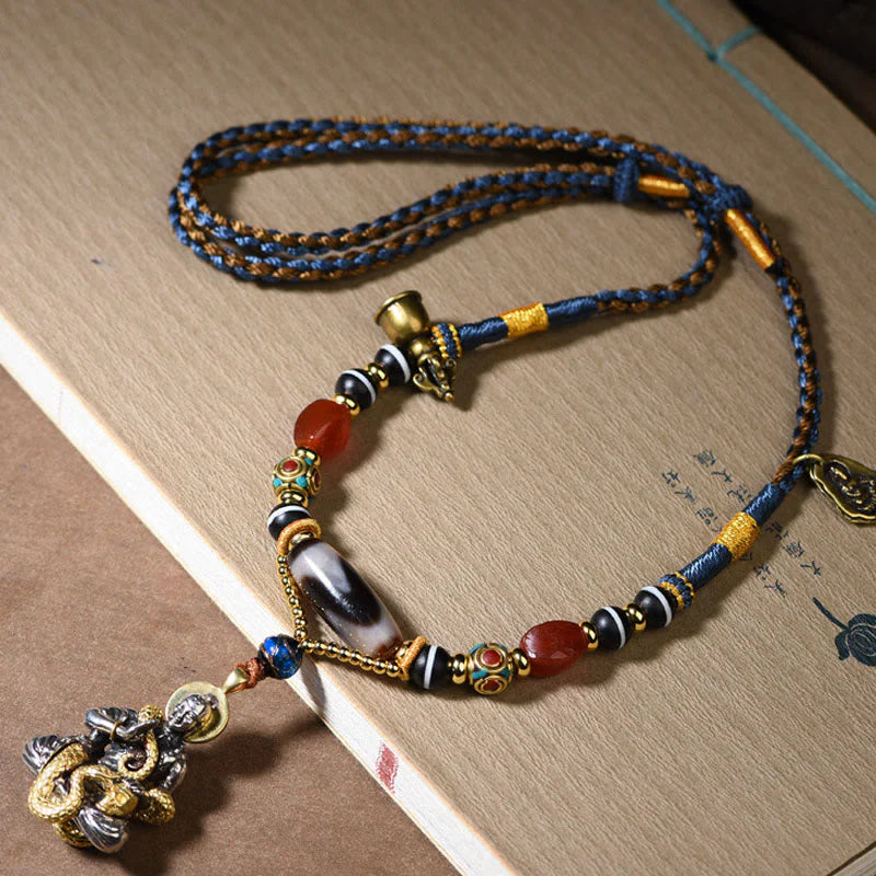 Buddha Stones Handmade Buddha Snake Skull Head Dzi Bead Serenity Rope Necklace Pendant (Extra 35% Off | USE CODE: FS35)