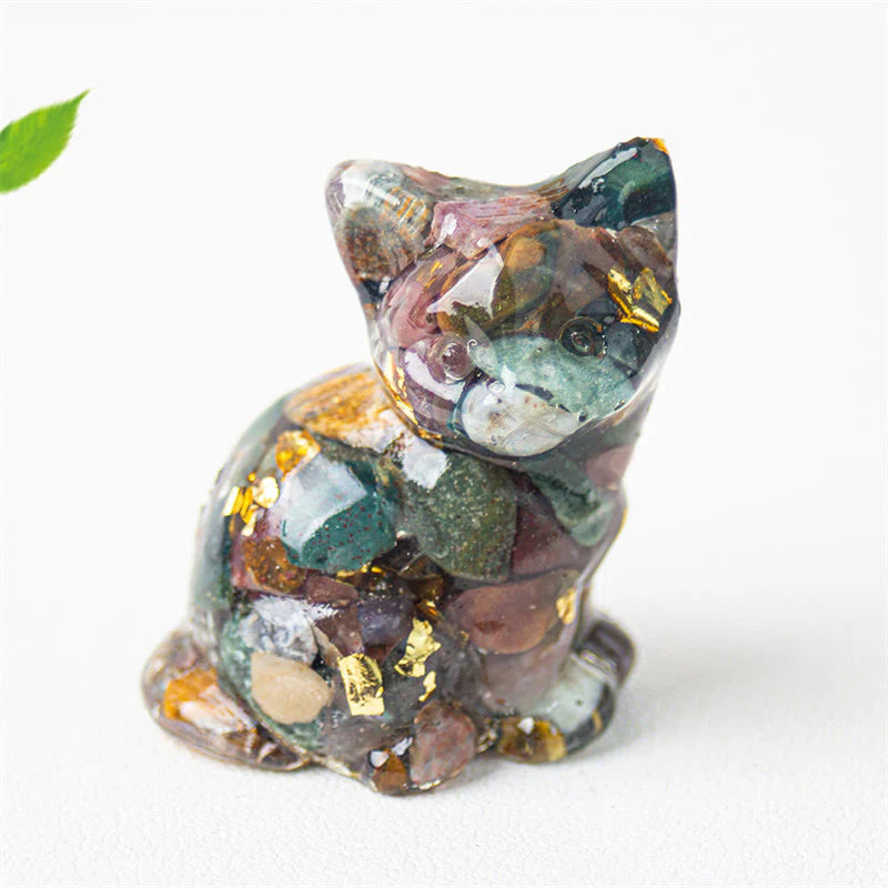 Buddha Stones Sitting Cat  Resin Gravel Pink Crystal Citrine White Crystal Lapis Lazuli Soothing Desktop Decoration