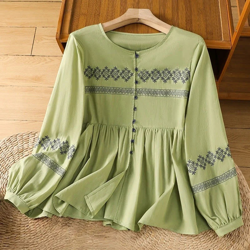 Buddha Stones Embroidery Pleated Buttons Long Lantern Sleeve Women's Cotton Shirt