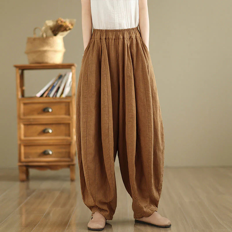 Buddha Stones Vintage Patchwork Lantern Design Cotton Linen Women's Wide Leg Pants With Pockets