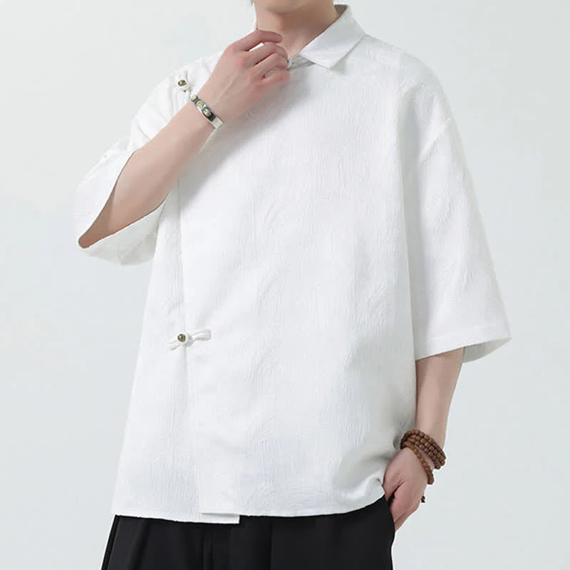 Buddha Stones Summer Mandarin Collar Textured Jacquard Men's Elbow Sleeve Shirt
