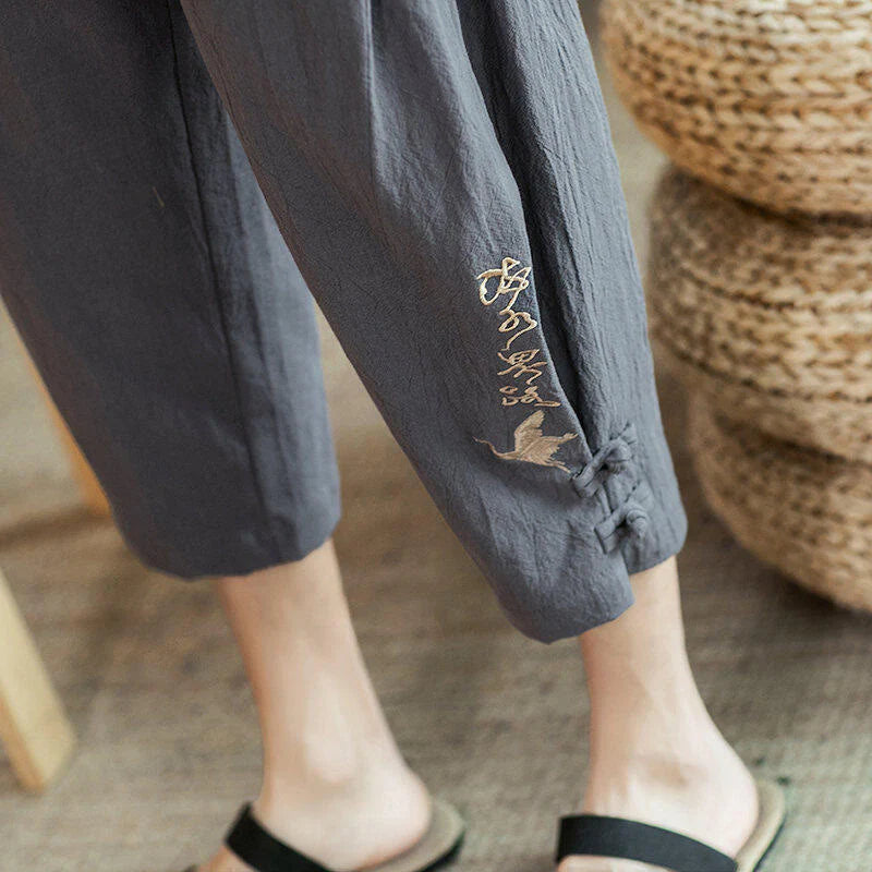 Buddha Stones Crane Embroidery Cotton Men's Cropped Harem Pants With Pockets