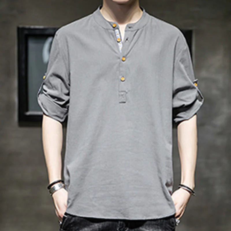 Buddha Stones Summer Solid Men's Half Buttons Half Sleeve Linen Shirt