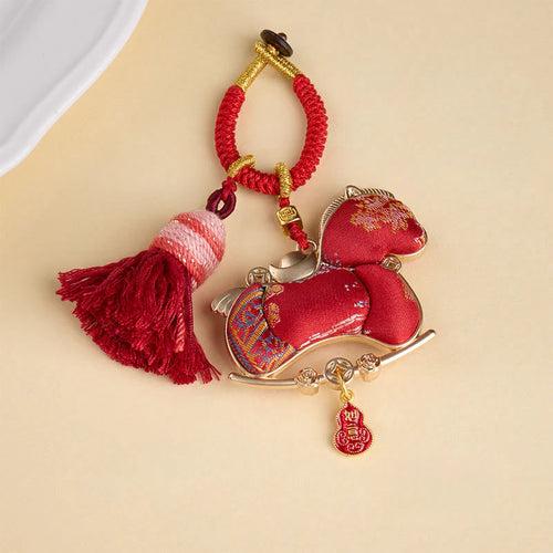 Buddha Stones Multicolored Year Of The Horse Gourd Ingot Design Freedom Prosperity Key Chain