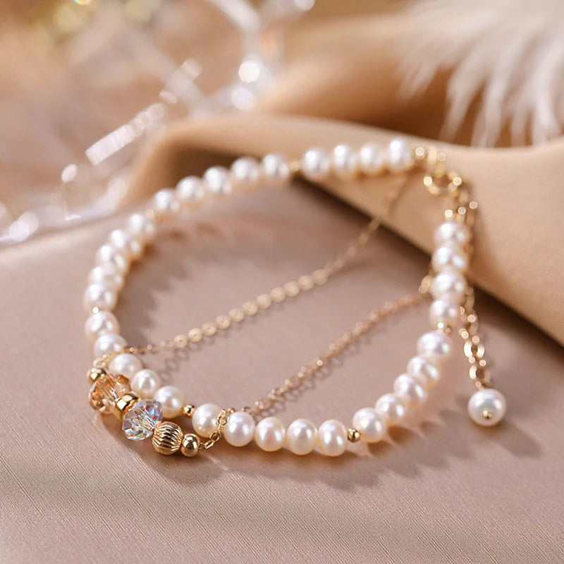 Buddha Stones 925 Sterling Silver Plated 14k Gold Natural Pearl Crystal Healing Double Layer Bracelet