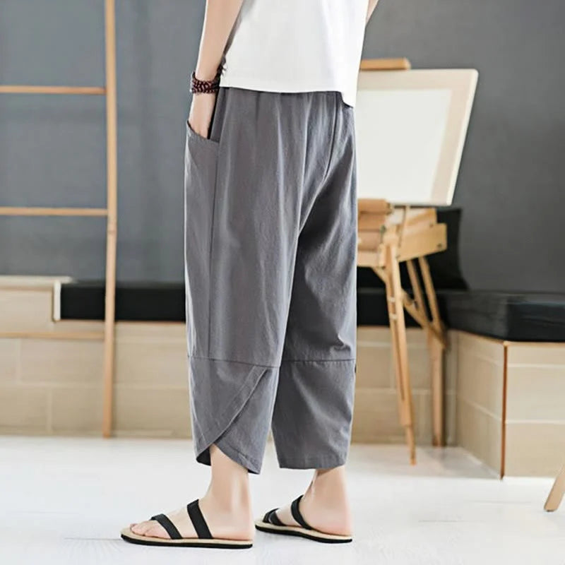 Buddha Stones Summer Men's Solid Color 7-8 Length Cotton Linen Drawstring Pants With Pockets