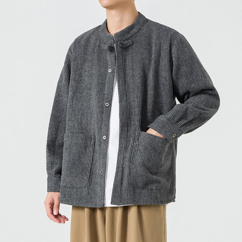 Buddha Stones Solid Color Frog-Button Long Sleeve Men's Cotton Corduroy Jacket With Pockets