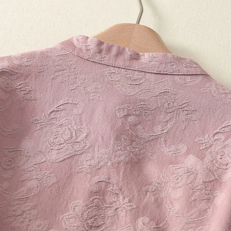 Buddha Stones Jacquard Diagonal Placket Long Sleeve Women's Cotton Linen Buttons Shirt