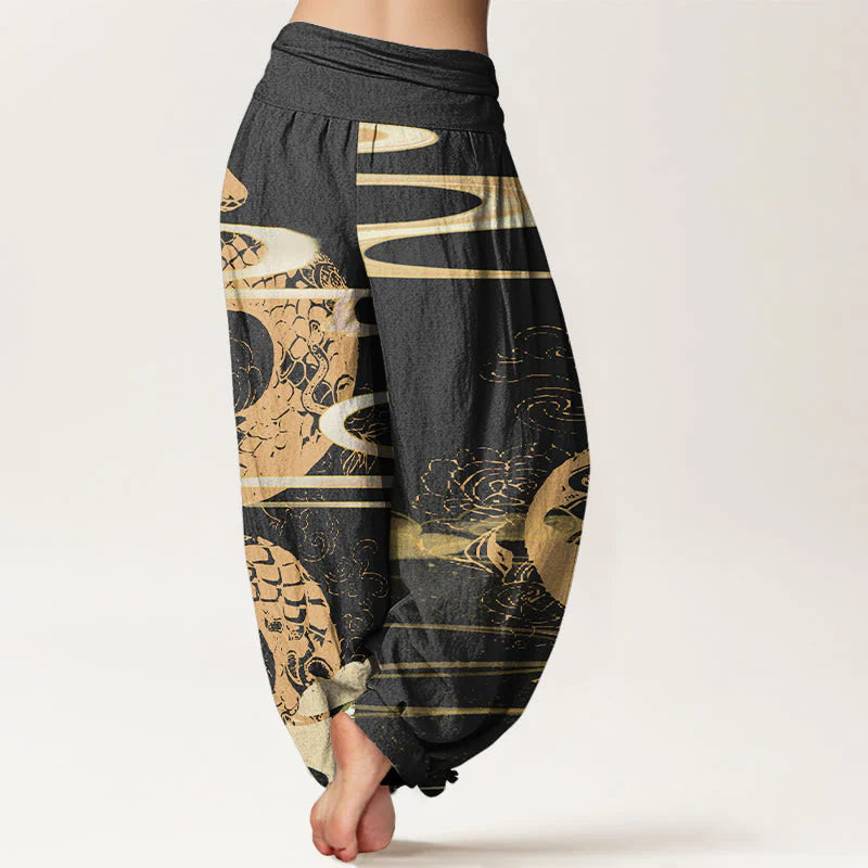 Buddha Stones Cotton Auspicious Clouds With Snake Pattern Women's Elastic Waist Harem Pants