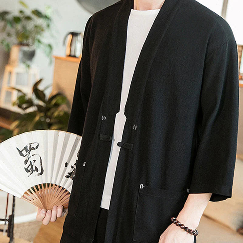 Buddha Stones Plain Chinese Frog-Button Jacket Cotton Linen Men's Three Quarter Sleeve Kimono