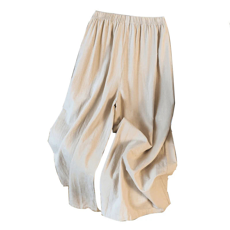 Buddha Stones Casual Beige Embroidery Women's Wide Leg Cotton Linen Pants With Pockets