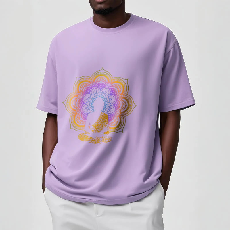 Buddha Stones Multicolor Mandala Flower Seated Buddha Pattern Tee T-shirt