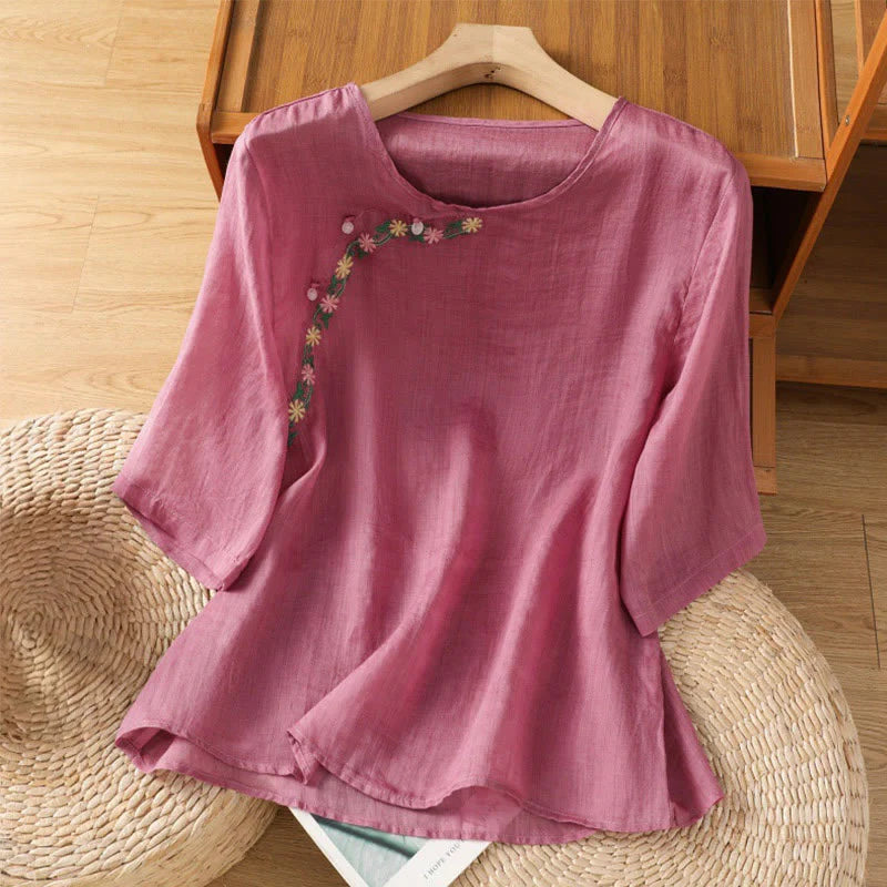 Buddha Stones Casual Embroidery Flowers Cotton Polyester Half Sleeve Women's Crew Neck Shirt