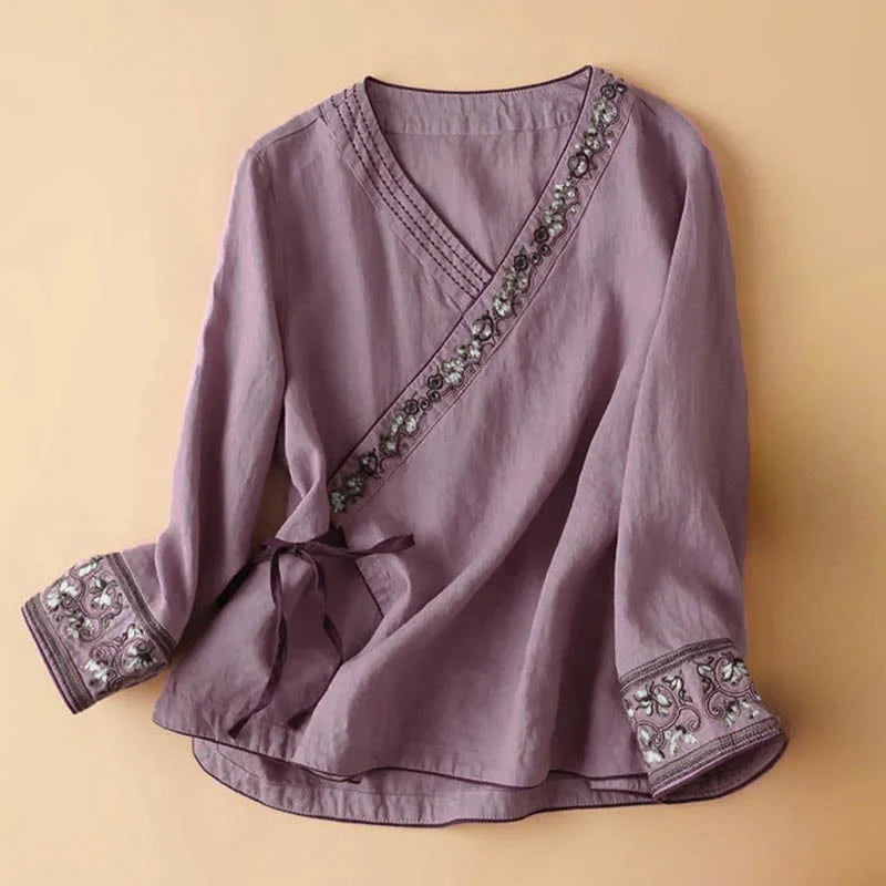 Buddha Stones Casual Embroidered Flowers Slant Collar Strap Long Sleeve Cotton Women's Shirt