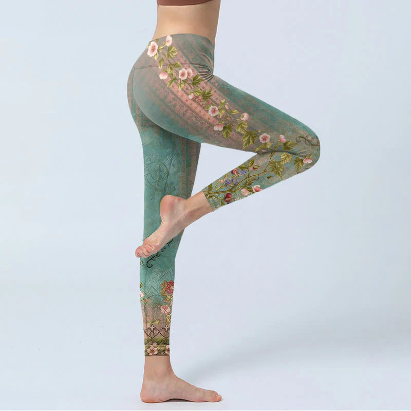 Buddha Stones Symmetrical Retro Flower Leaf Vine Fence Pattern Print Gym Leggings Women's Yoga Pants