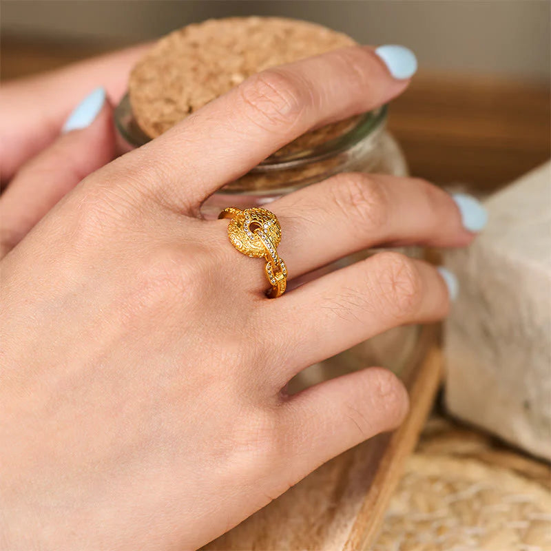 Buddha Stones 24k Gold Plated Brass Hollow Carved Design Peace Buckle Adjustable Fortune Ring