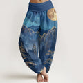 Buddha Stones Cotton Casual Full Moon Mountains Trees River Pattern Women's Elastic Waist Harem Pants