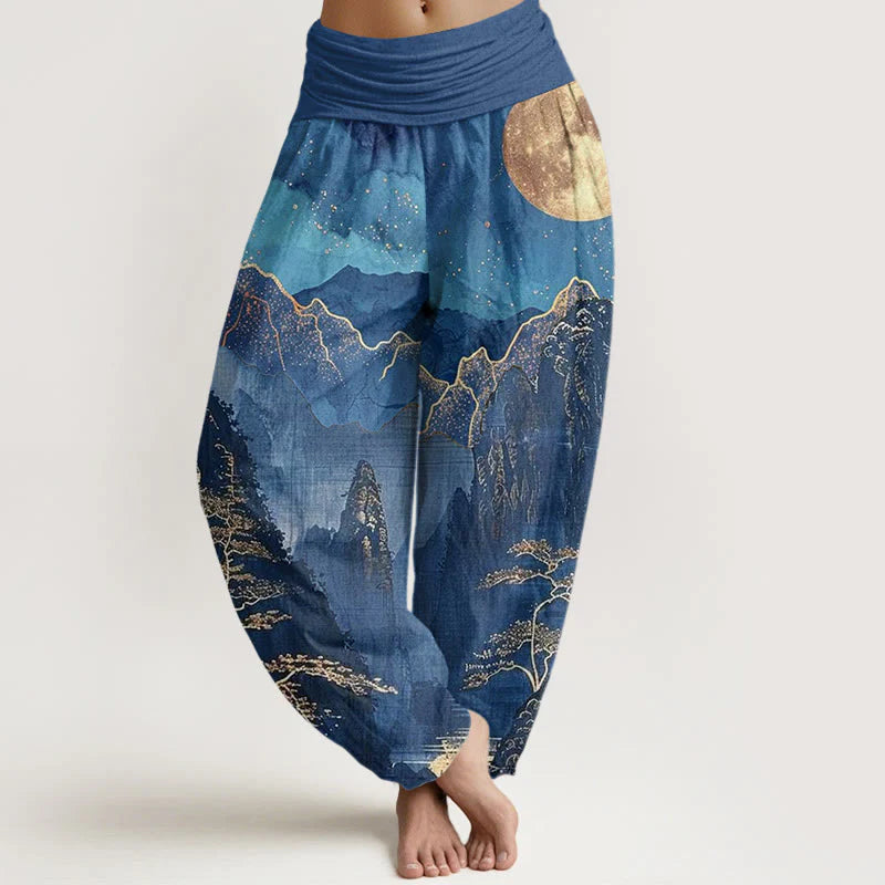Buddha Stones Cotton Casual Full Moon Mountains Trees River Pattern Women's Elastic Waist Harem Pants