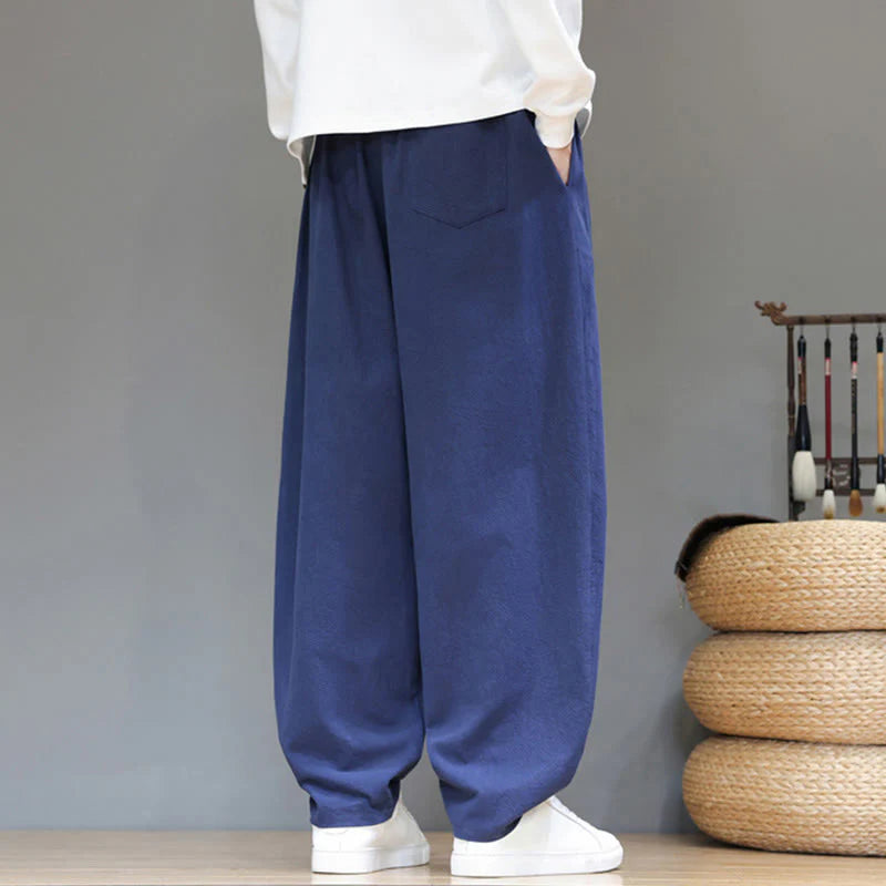 Buddha Stones Fall Sports Men's Pure Color Button Design Cotton Pants With Pockets