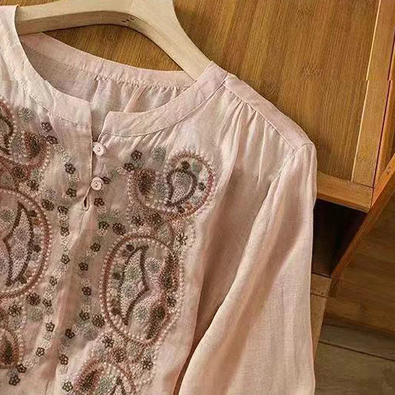 Buddha Stones Casual Loose Embroidery Frog Button Half Sleeve Crew Neck Cotton Women's Shirt