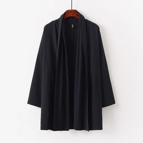Buddha Stones Spring Fall Solid Color Long Sleeve Mid-length Open Front Men's Kimono