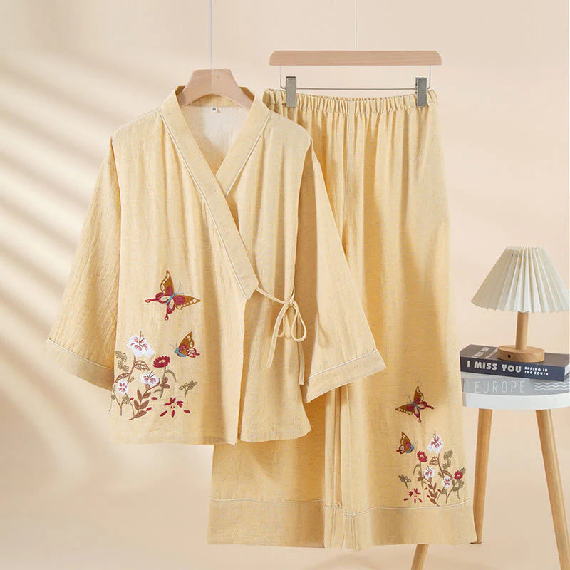 Buddha Stones 2pcs Colorful Floral Butterfly Long Sleeve V-Neck Shirt Pants Cotton Pajamas Set With Pockets