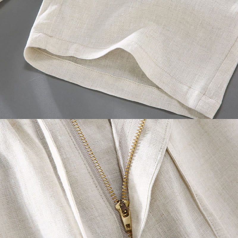 Buddha Stones Summer Solid Color Drawstring Button Design Men's Linen Shorts With Pockets