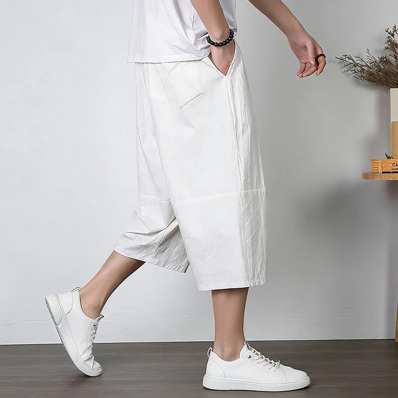 Buddha Stones Plain Drawstring Capri Length Men's Cotton Linen Harem Pants With Pockets