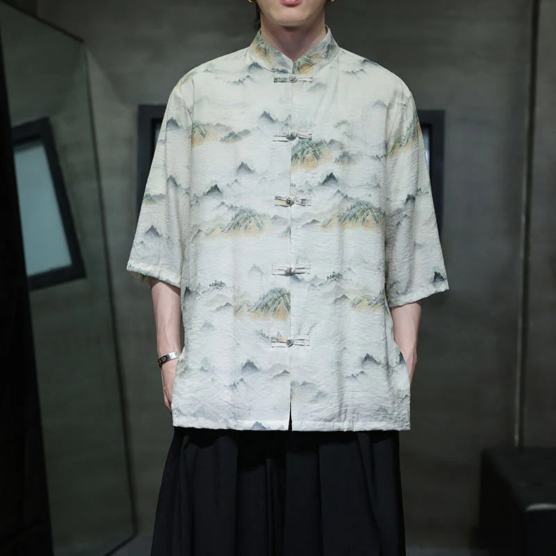 Buddha Stones Ink Painting Mountains Chinese Frog-Button Tang Suit Men's Half Sleeve Cotton Linen Shirt