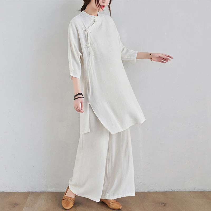 Buddha Stones 2Pcs Plain Design Zen Tai Chi Meditation Clothing Cotton Linen Top Pants Women's Set