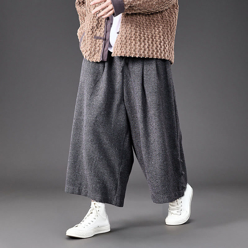 Buddha Stones Winter Chinese Frog-Button Design Corduroy Thermal Men's Wide Leg Pants With Pockets