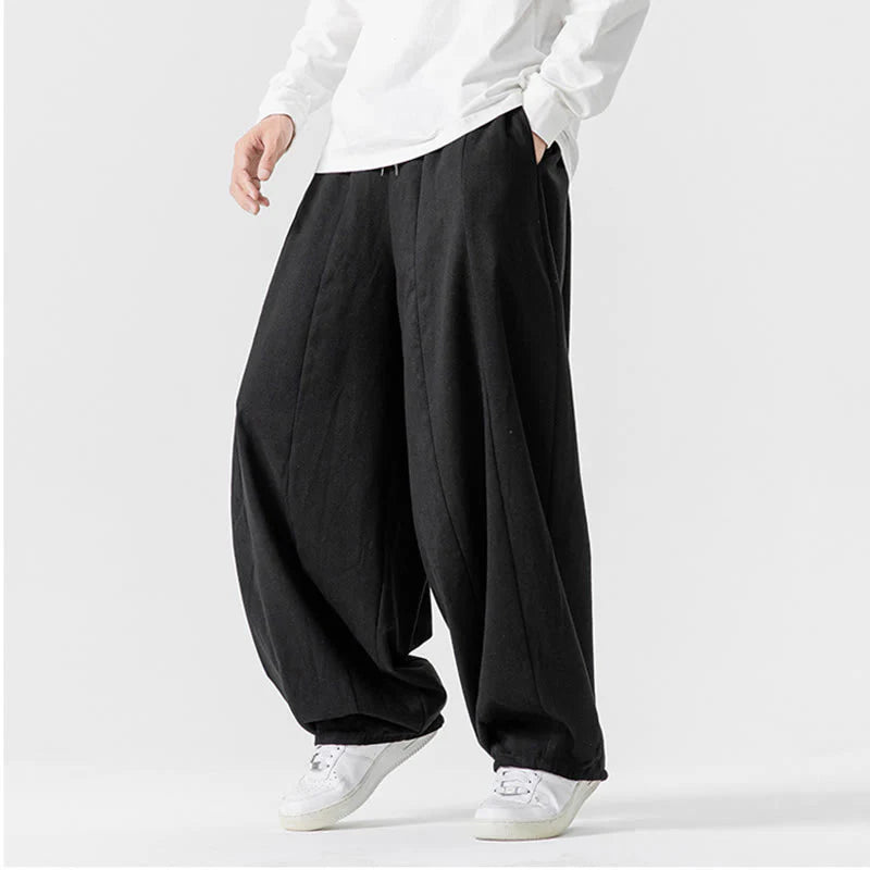 Buddha Stones Winter Commute Plain Drawstring Design Men's Wide Leg Cotton Pants With Pockets