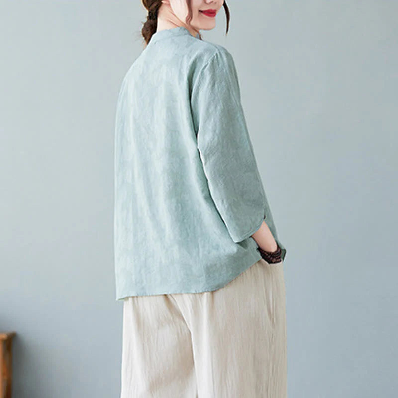 Buddha Stones Vintage Summer Stereoscopic Flower Embroidery Three Quarter Sleeve Frog-Button Cotton Linen Women's Shirt