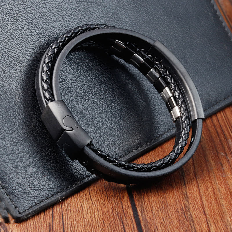 Buddha Stones Square Titanium Steel Leather Multi-layer Buckle Calm Bracelet