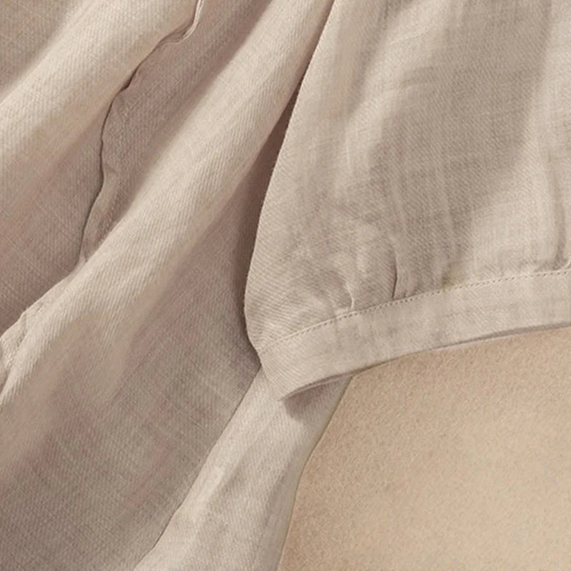 Buddha Stones Casual Daily Plain Button Ruffled Design Stand Collar Women's Cotton Linen Three Quarter Sleeve Shirt Cardigan