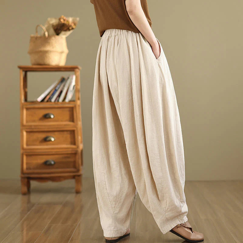 Buddha Stones Vintage Patchwork Lantern Design Cotton Linen Women's Wide Leg Pants With Pockets