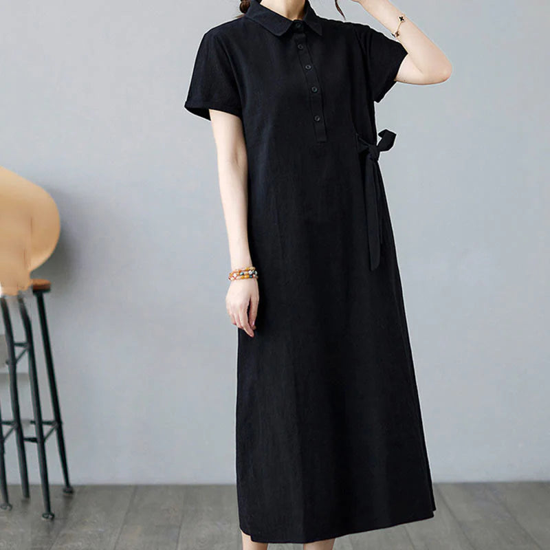 Buddha Stones Casual Plain Side Lace-Up Lapel Short Sleeve Cotton Linen Midi Dress With Pockets