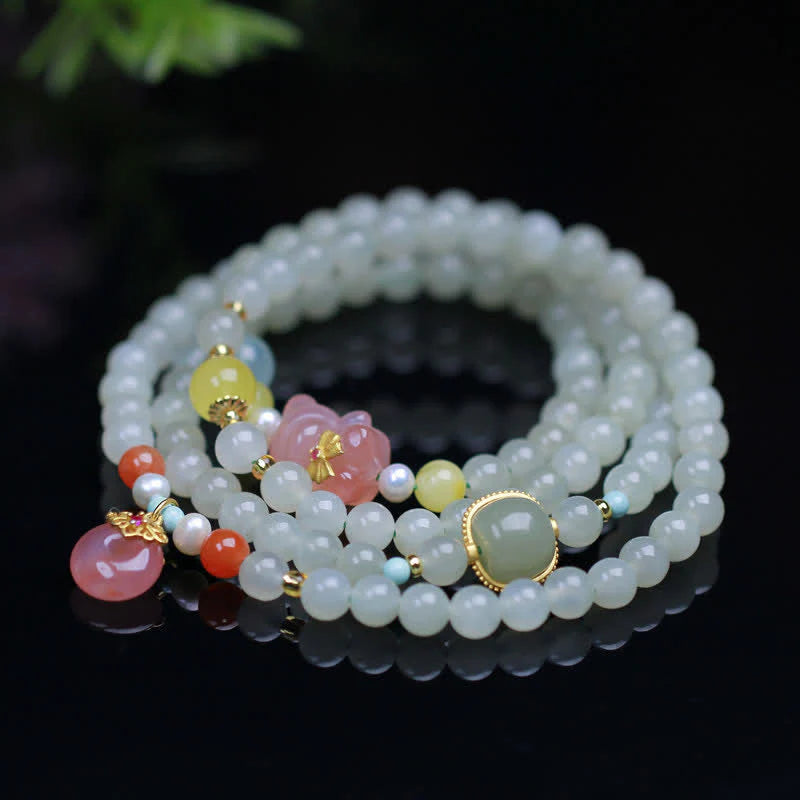 Buddha Stones Natural Hetian Jade Pink Crystal Peace Buckle Happiness Abundance Bracelet