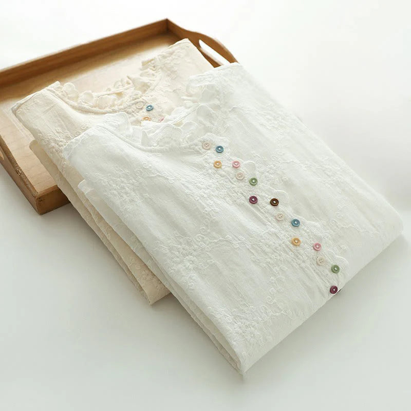 Buddha Stones Fall Ruffled Collar Embroidered Relief Flower Buttons Women's Cotton Long Sleeve Shirt