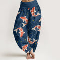 Buddha Stones Cotton Red White Koi Fish Pattern Design Women's Elastic Waist Harem Pants