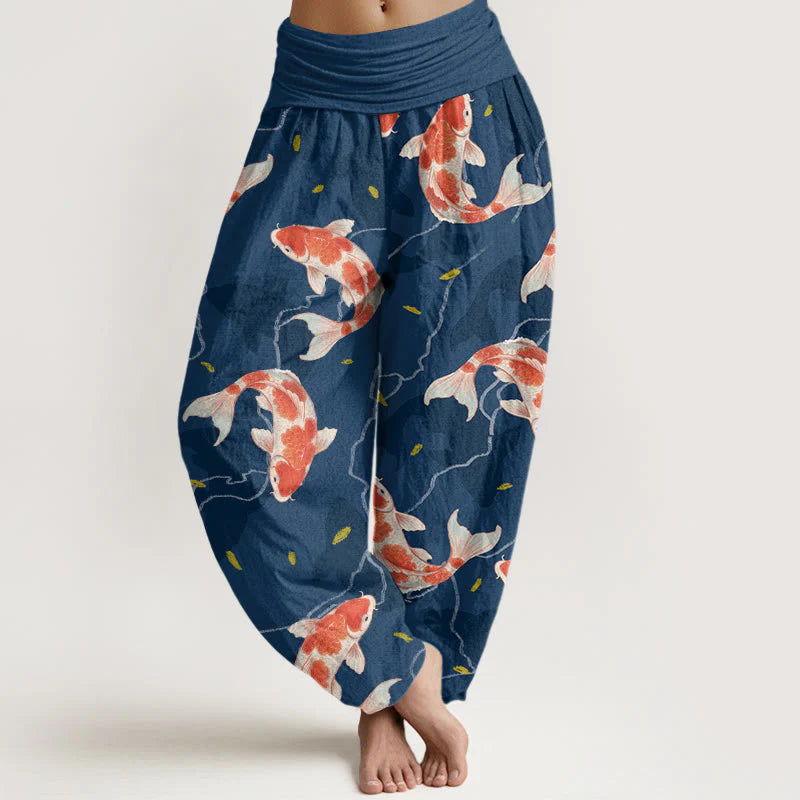 Buddha Stones Cotton Red White Koi Fish Pattern Design Women's Elastic Waist Harem Pants