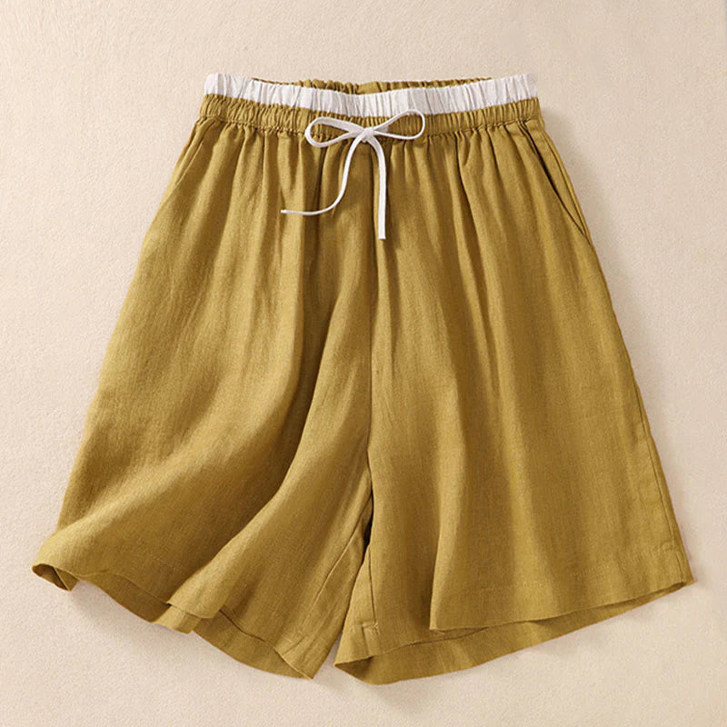 Buddha Stones Solid Color Contrast Color Waist Lace-up Cotton Linen Women's Shorts With Pockets