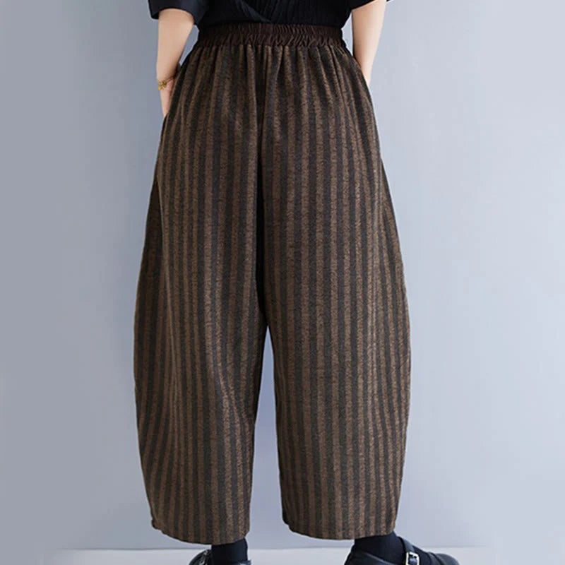 Buddha Stones Casual 7-8 Length Corduroy Stripes Women's Polyester Wide Leg Pants With Pockets